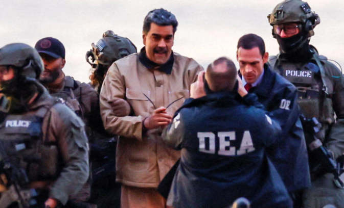 Captured Venezuelan President Nicolas Maduro arrives at the Downtown Manhattan Heliport on Monday. Photo- Reuters
