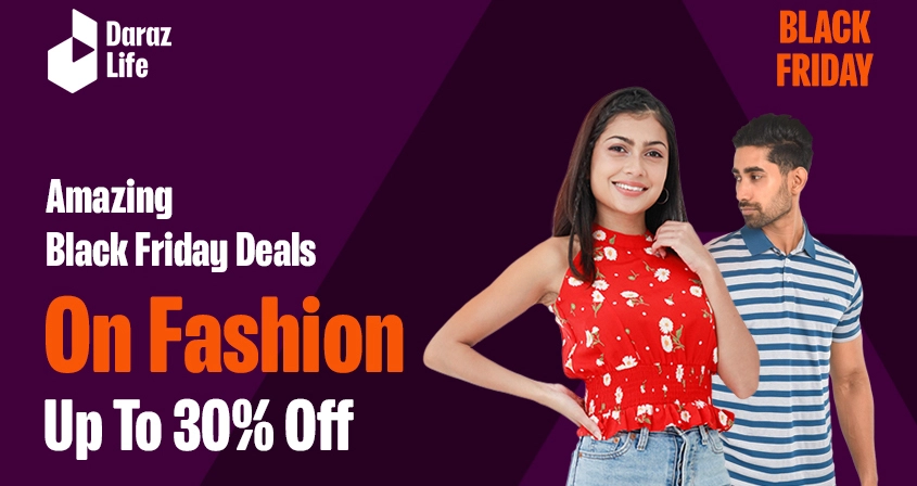 Daraz landing page with a girl and a boy showing black Friday sales off