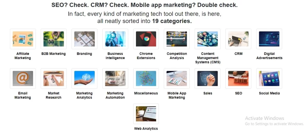 Picture of Toolcano landing page showing various marketing tools categories. 