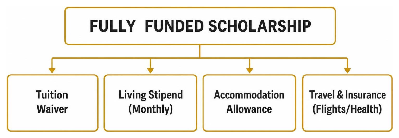 Breakdown of complete financial coverage included in a fully funded scholarship