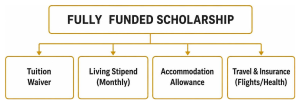 Breakdown of complete financial coverage included in a fully funded scholarship